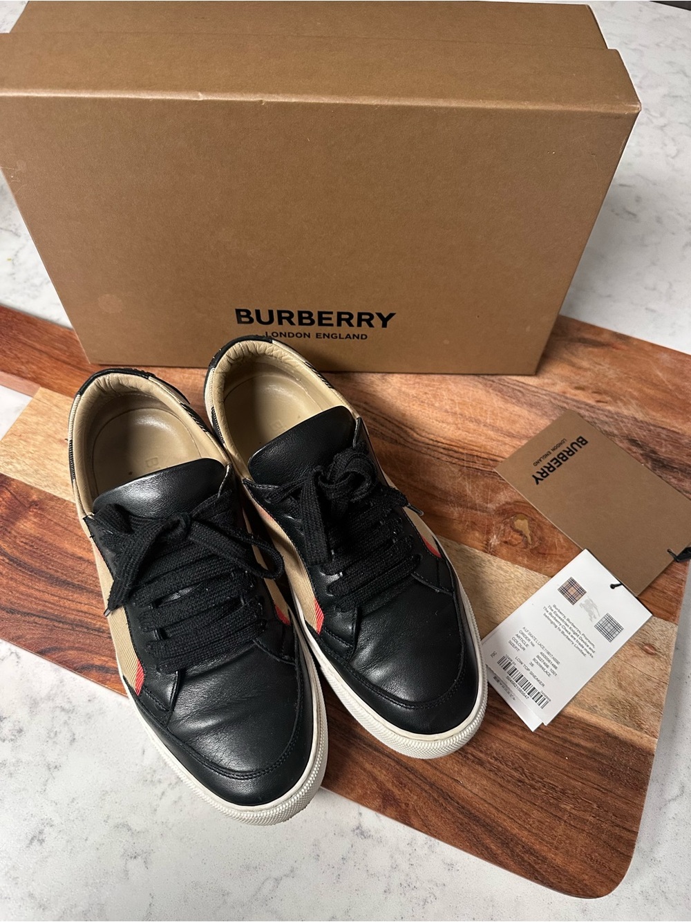 Burberry Black Leather Sneakers with Beige Panels & Red Stripe - Picture 6 of 8